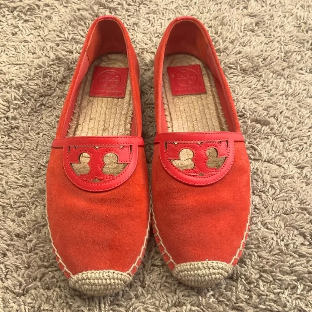 Tory Burch Women Red Canyon Suede Calf Leather Logo Espadrille Flats Size 7.5